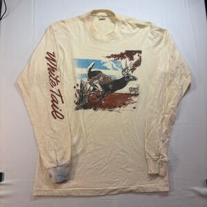 Vintage 80s Screen Stars White Tail Deer Graphic T-Shirt Long Sleeve Cream L USA